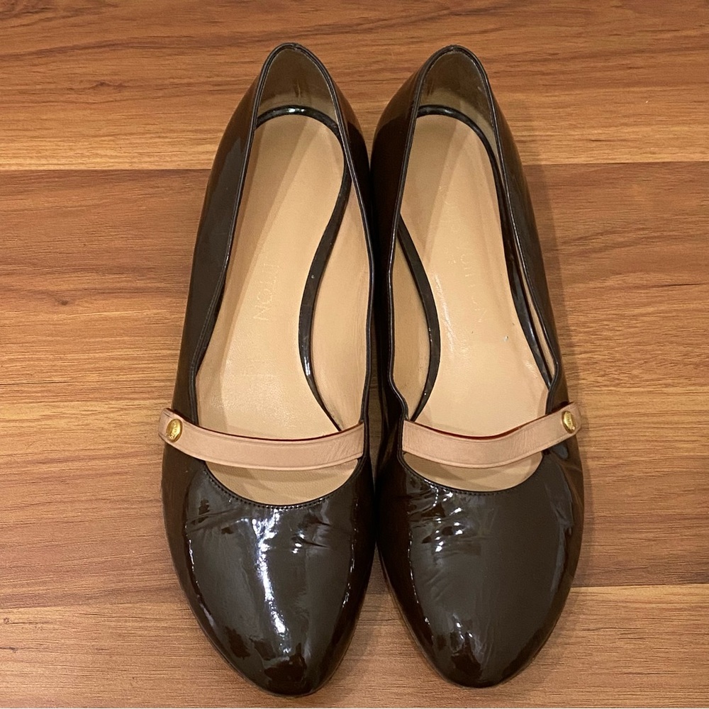LOUIS VUITTON Brown Patent Leather Monogram Mary Jane Flats Size 37 1/2 - Picture 2 of 16